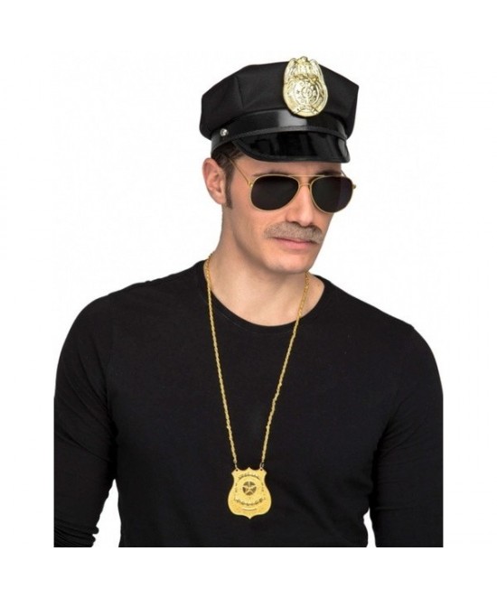 Set Policía: gorra,placa,bigote y gafas