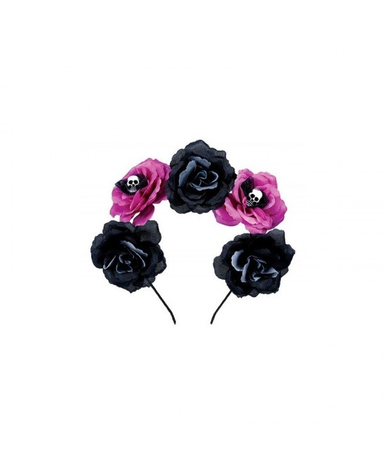 Diadema Catrina Flores Negras y Rosas