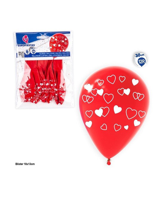 6 globos látex  rojos corazones 12R